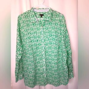Talbots 16W Seahorse Button Up Top Green Roll Tab Sleeve Beach Vacation Preppy